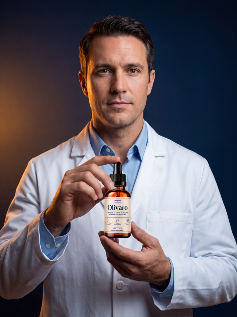 Wellness professional presenting a bottle of Olivaro